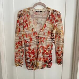 Nic + Zoe Linen Blend Cardigan Red Cream Watercolor Small